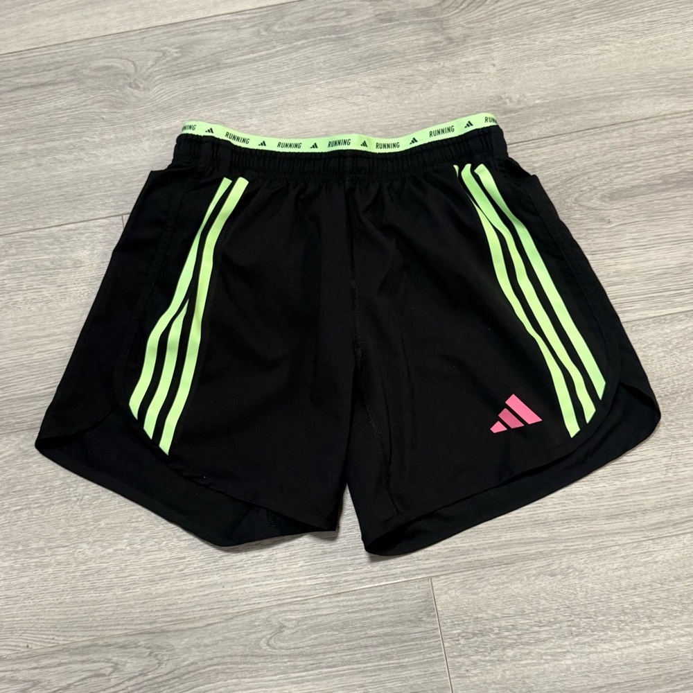 adidas Black Athletic Shorts with Neon Green Stripes and Pink Logo
